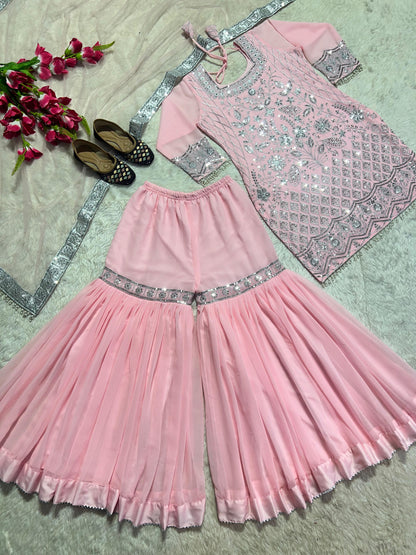 Fabulous Peach Color Heavy Georgette With 5mm Sequence Embroidery Work Sharara Suit