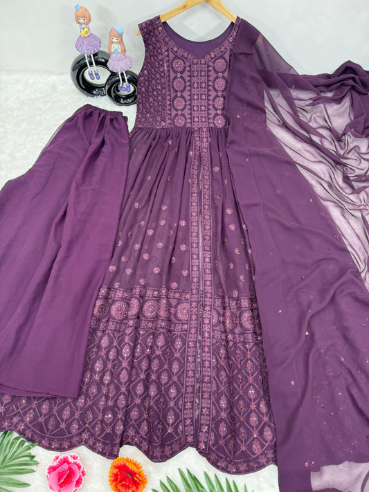 Designer Lavender Color Heavy Fuax Georgette Fancy Cut Top With Plazzo Suit Set