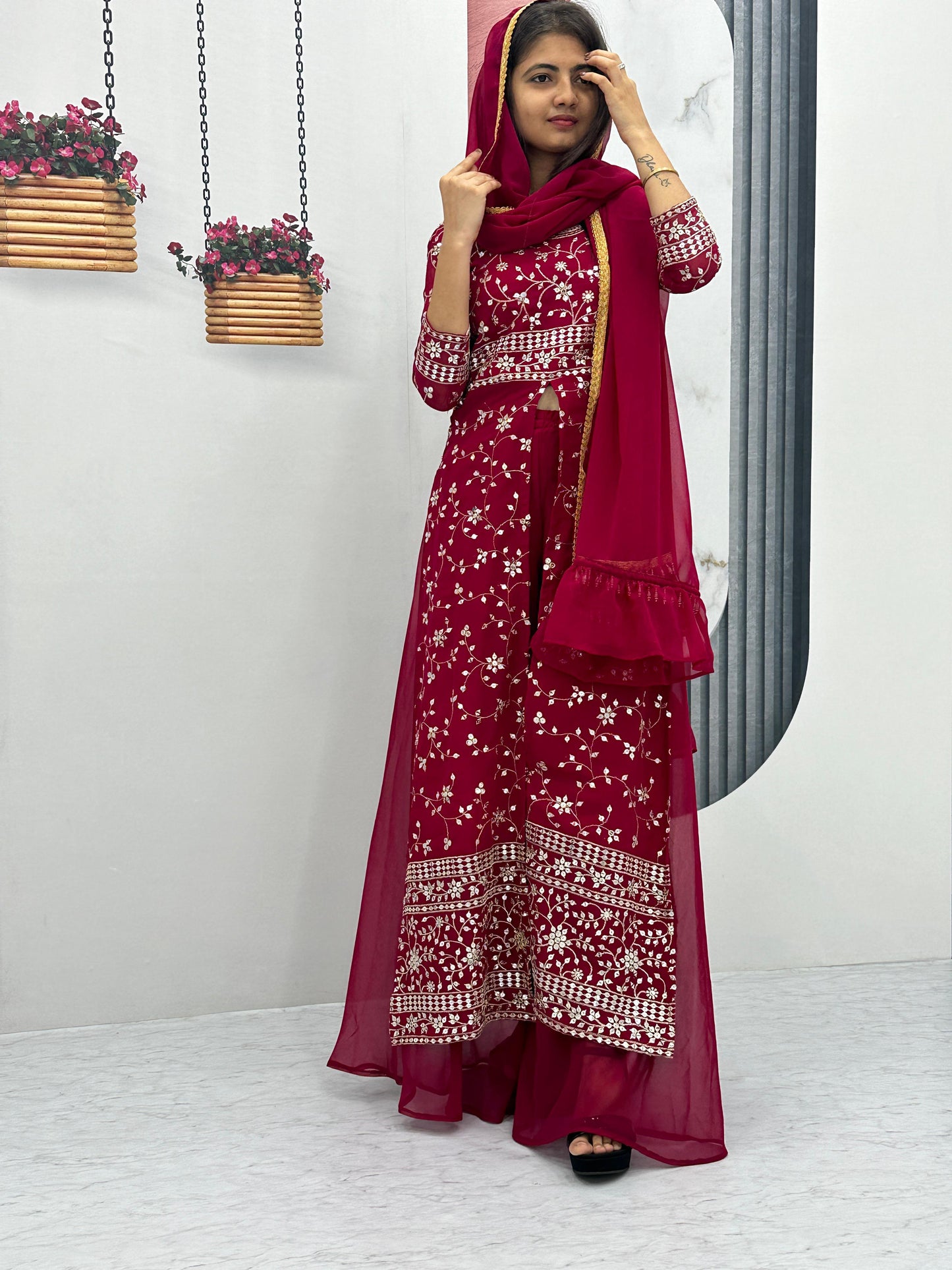 Party Wear Maroon Color Georgette Heavy Embroidery Sequence Work Plazzo Suit