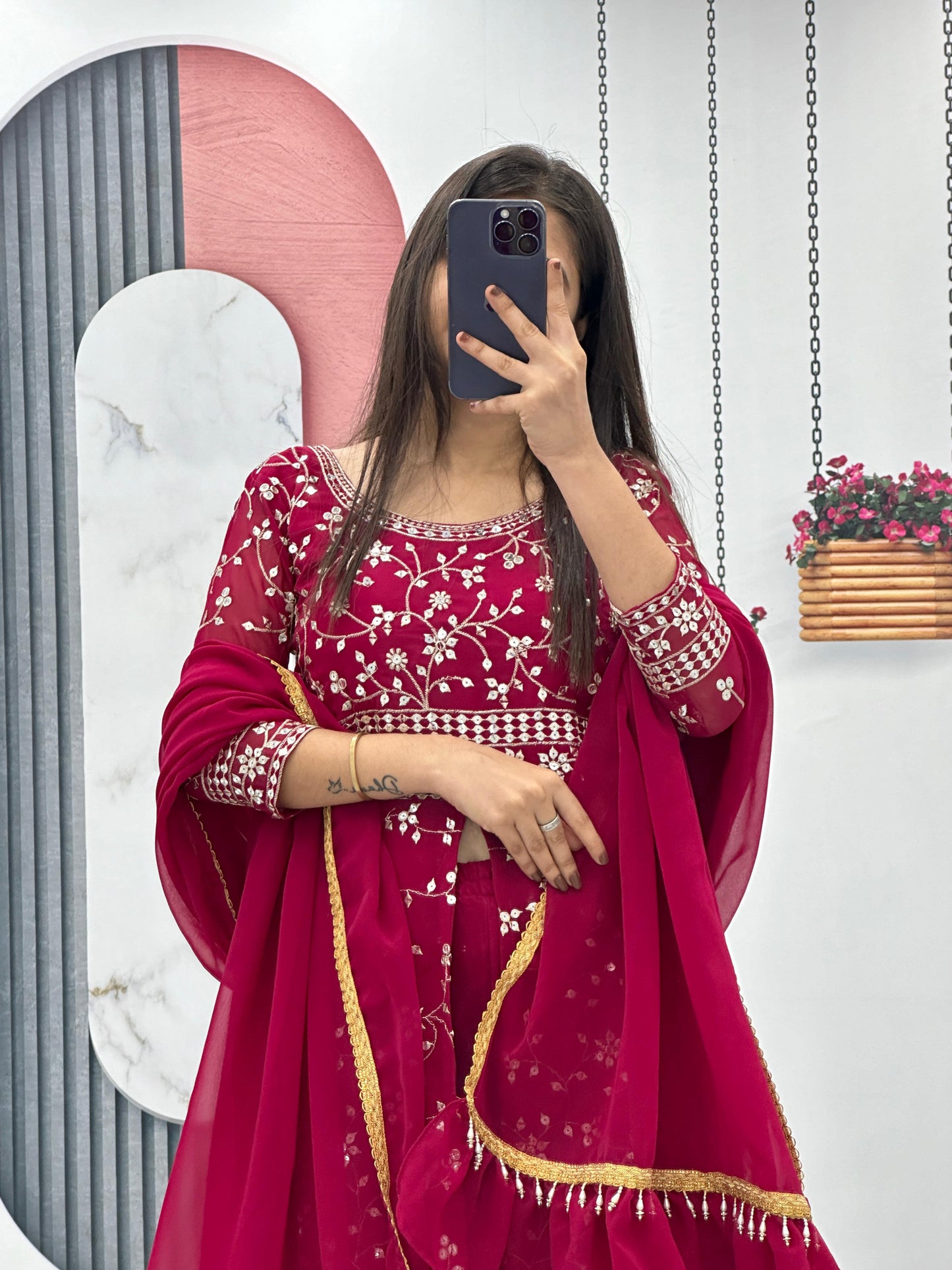 Party Wear Maroon Color Georgette Heavy Embroidery Sequence Work Plazzo Suit