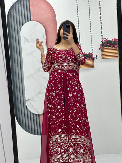 Party Wear Maroon Color Georgette Heavy Embroidery Sequence Work Plazzo Suit