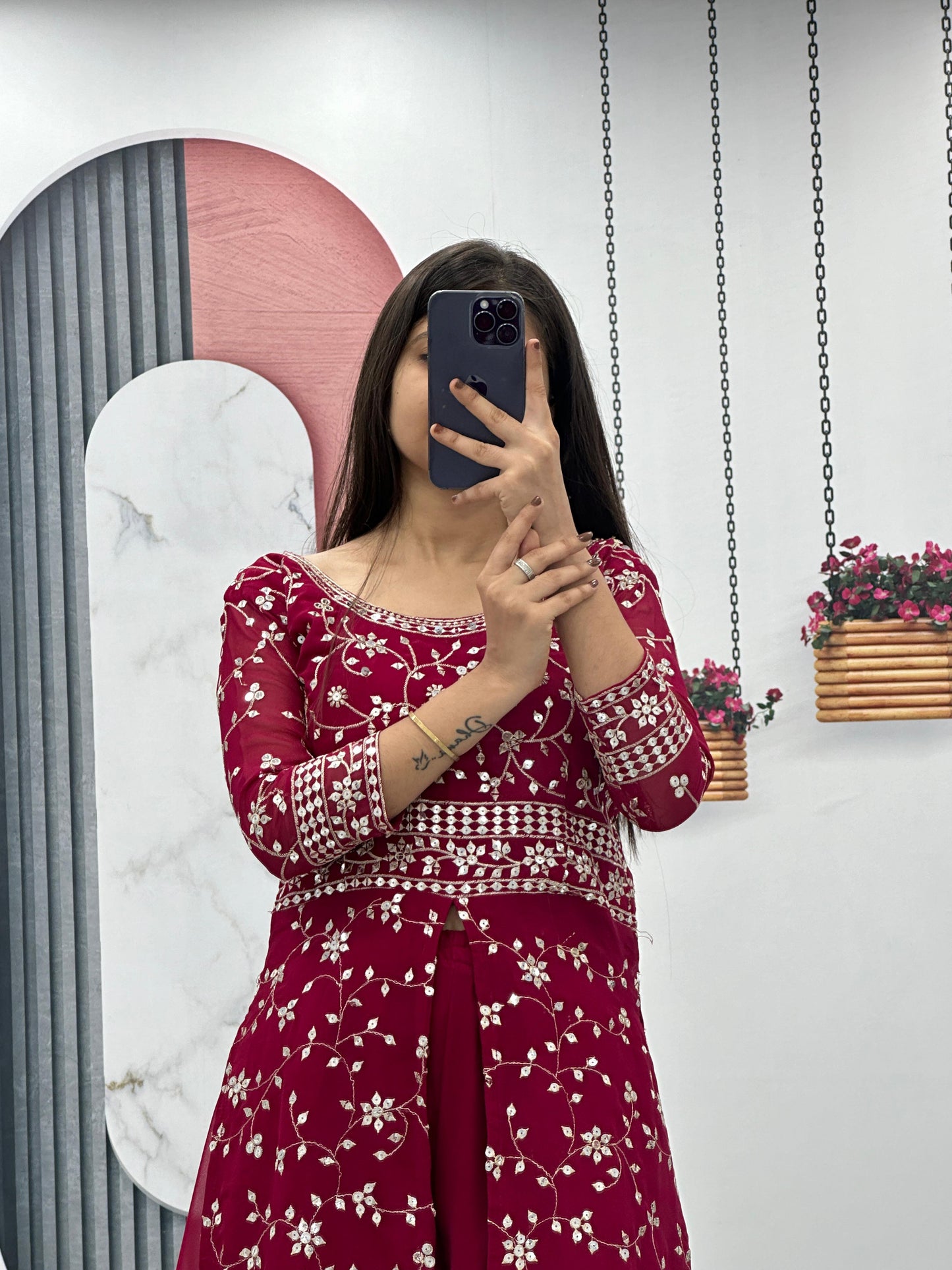 Party Wear Maroon Color Georgette Heavy Embroidery Sequence Work Plazzo Suit