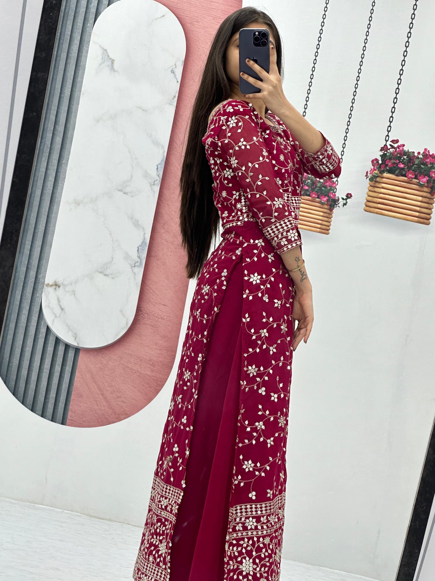 Party Wear Maroon Color Georgette Heavy Embroidery Sequence Work Plazzo Suit