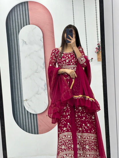 Party Wear Maroon Color Georgette Heavy Embroidery Sequence Work Plazzo Suit