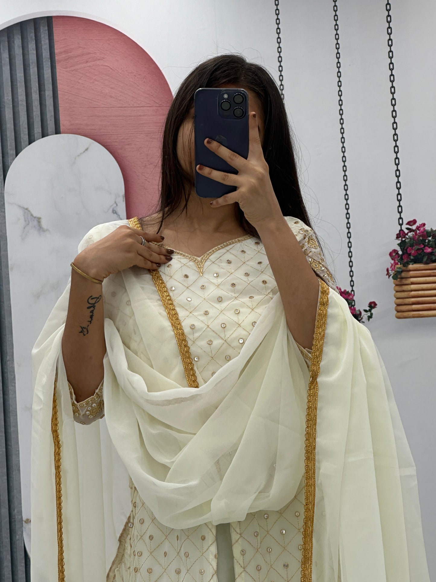 Party Wear White Color Georgette Heavy Embroidery Sequence Work Plazzo Suit