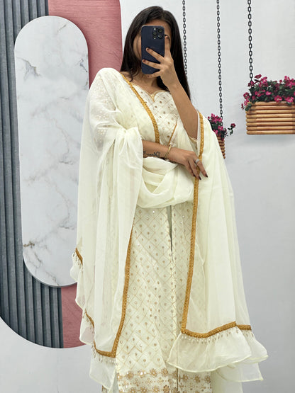 Party Wear White Color Georgette Heavy Embroidery Sequence Work Plazzo Suit