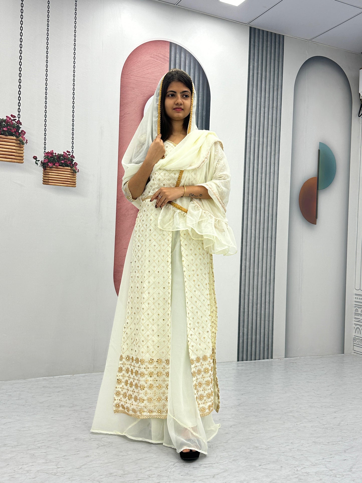 Party Wear White Color Georgette Heavy Embroidery Sequence Work Plazzo Suit