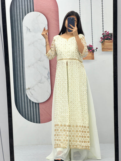 Party Wear White Color Georgette Heavy Embroidery Sequence Work Plazzo Suit
