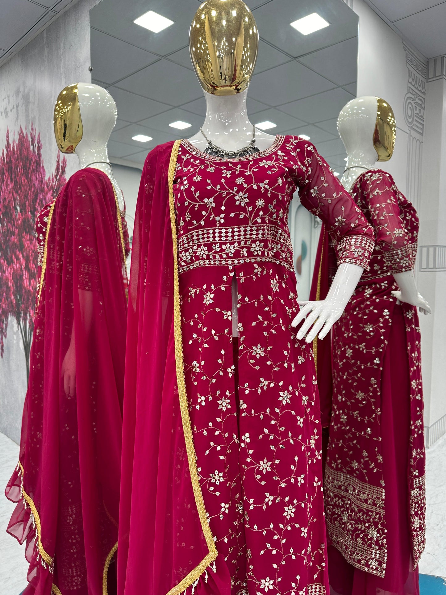 Party Wear Maroon Color Georgette Heavy Embroidery Sequence Work Plazzo Suit