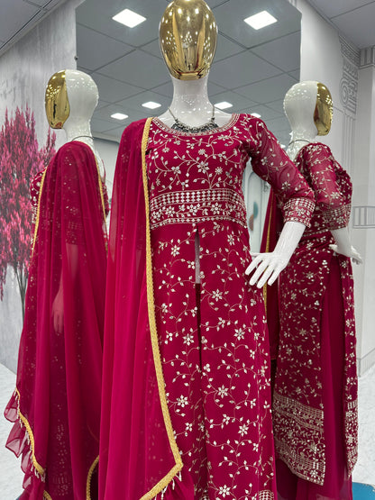 Party Wear Maroon Color Georgette Heavy Embroidery Sequence Work Plazzo Suit