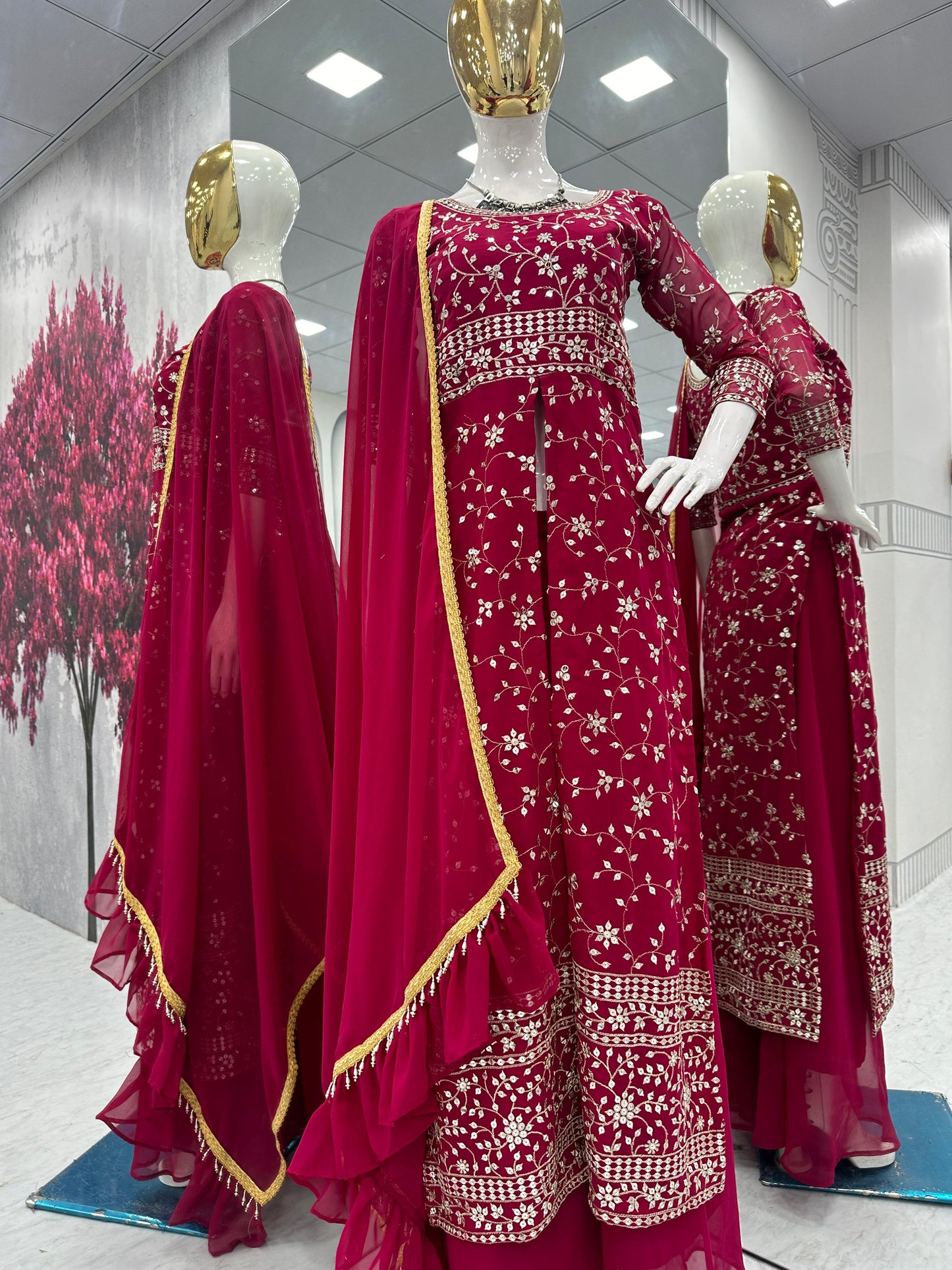 Party Wear Maroon Color Georgette Heavy Embroidery Sequence Work Plazzo Suit