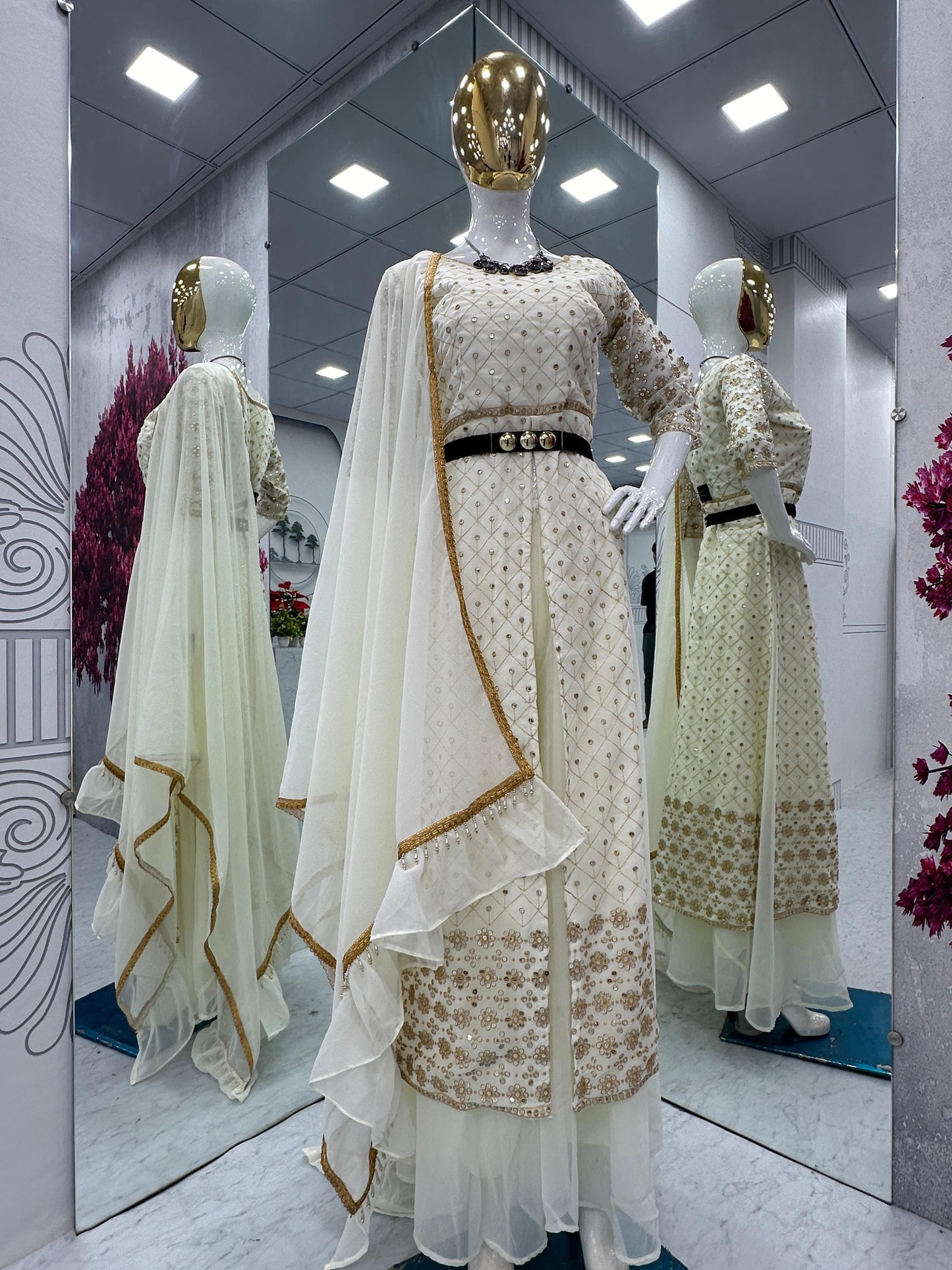 Party Wear White Color Georgette Heavy Embroidery Sequence Work Plazzo Suit