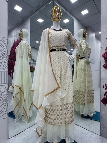 Party Wear White Color Georgette Heavy Embroidery Sequence Work Plazzo Suit