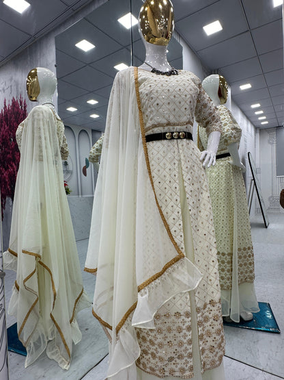 Party Wear White Color Georgette Heavy Embroidery Sequence Work Plazzo Suit