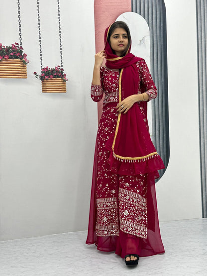 Party Wear Maroon Color Georgette Heavy Embroidery Sequence Work Plazzo Suit
