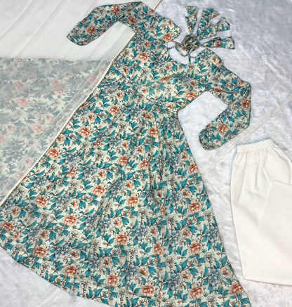 Wonderful Multi Design With Sky Color Print Anarkali Suit