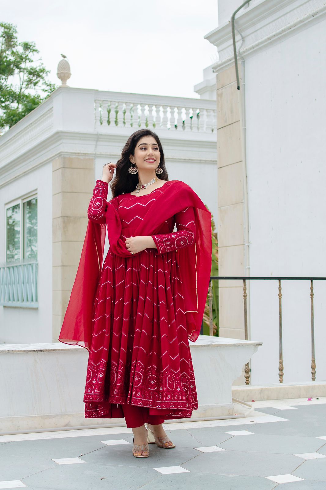Designer Georgette Red Color Embroidery Work Anarkali Gown