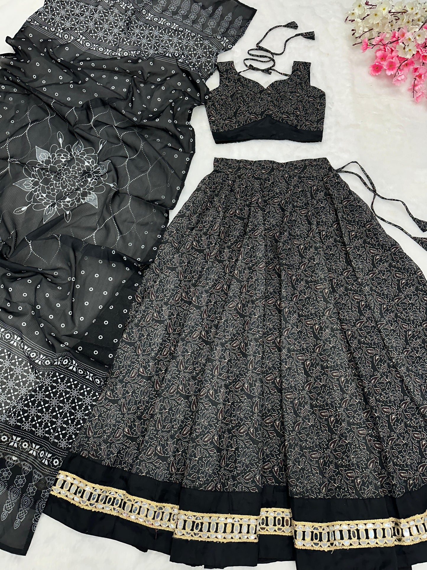 Mesmerizing Black Color Pure Soft Cotton Printed With Handwork Real Mirror Lace Lehenga Choli