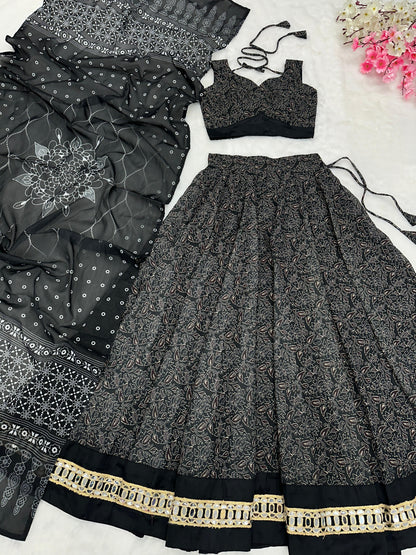 Mesmerizing Black Color Pure Soft Cotton Printed With Handwork Real Mirror Lace Lehenga Choli