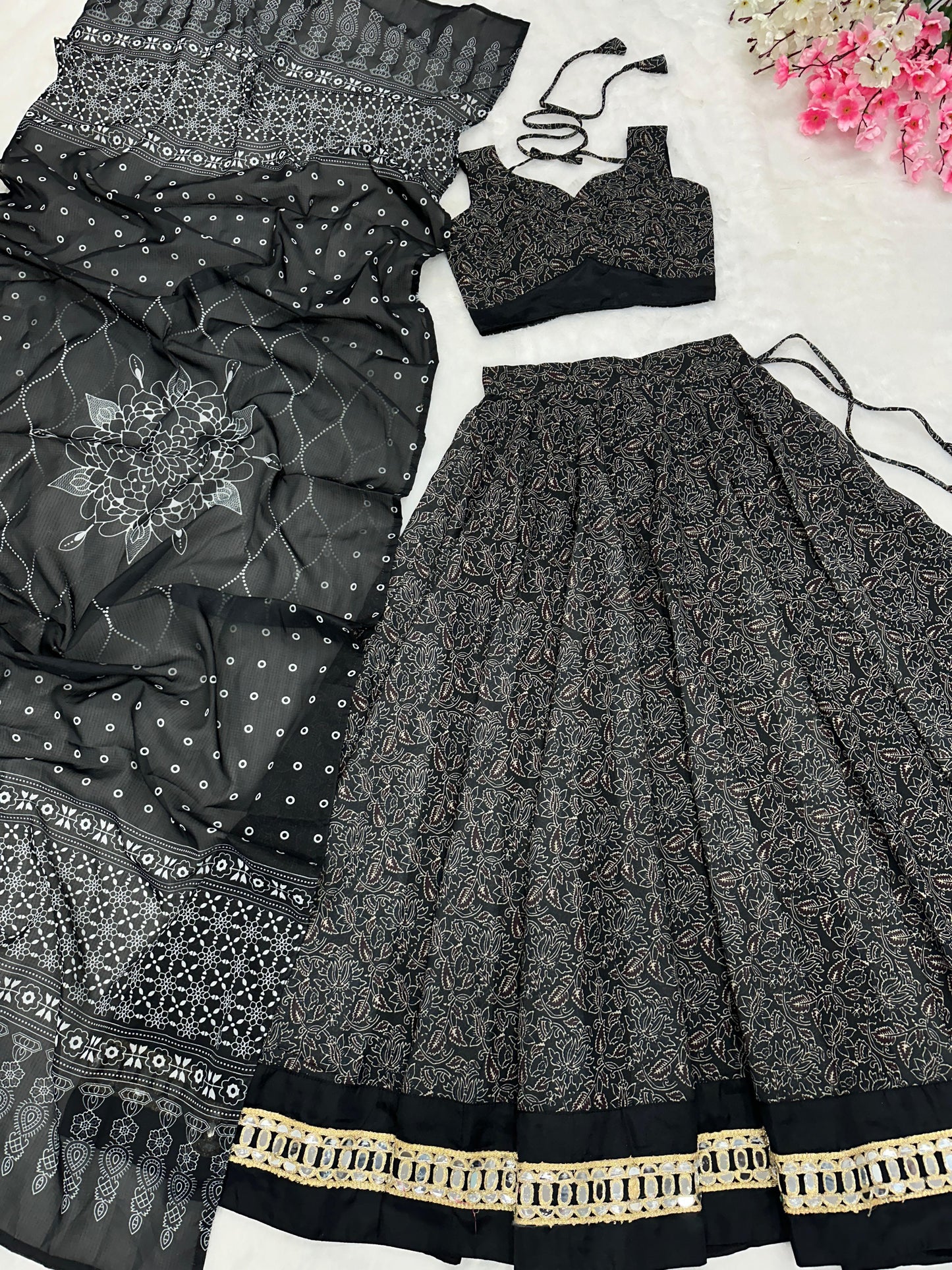 Mesmerizing Black Color Pure Soft Cotton Printed With Handwork Real Mirror Lace Lehenga Choli