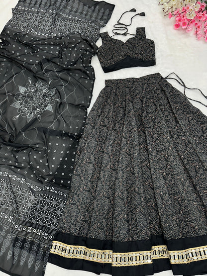 Mesmerizing Black Color Pure Soft Cotton Printed With Handwork Real Mirror Lace Lehenga Choli