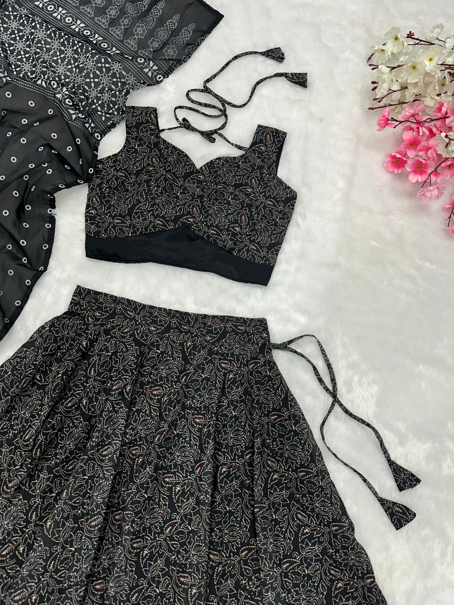 Mesmerizing Black Color Pure Soft Cotton Printed With Handwork Real Mirror Lace Lehenga Choli