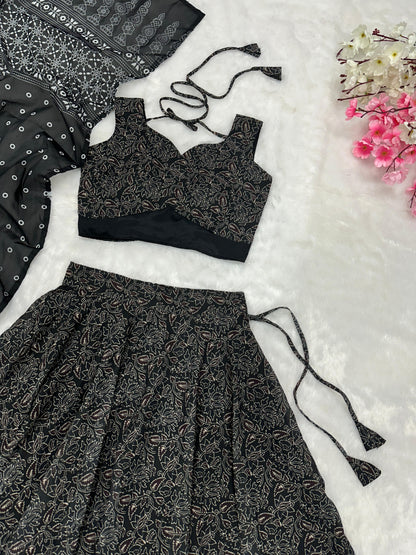 Mesmerizing Black Color Pure Soft Cotton Printed With Handwork Real Mirror Lace Lehenga Choli