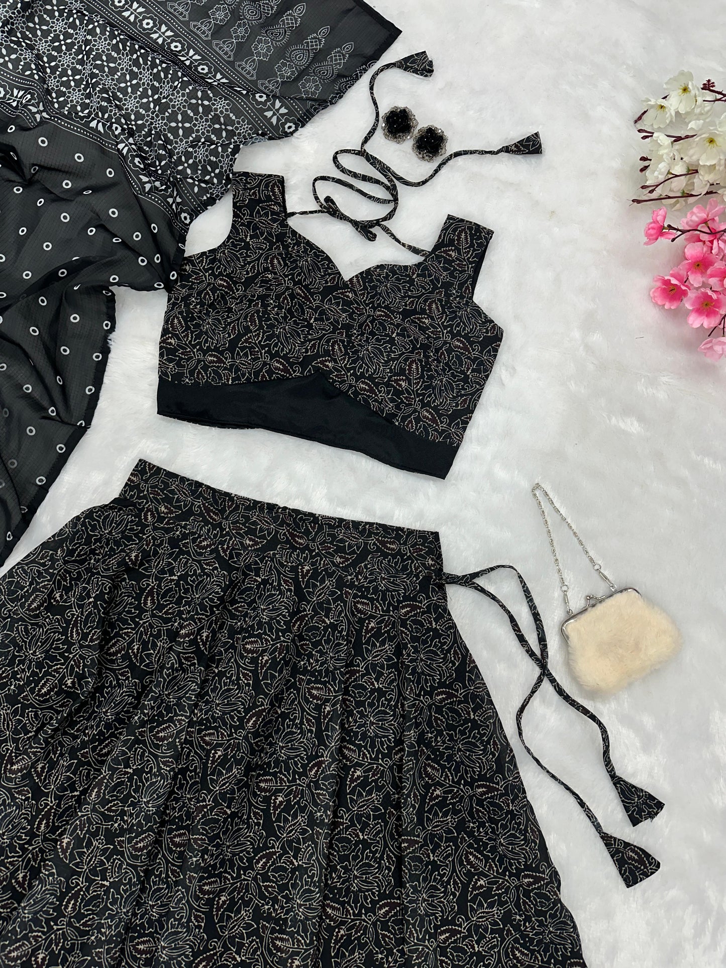Mesmerizing Black Color Pure Soft Cotton Printed With Handwork Real Mirror Lace Lehenga Choli