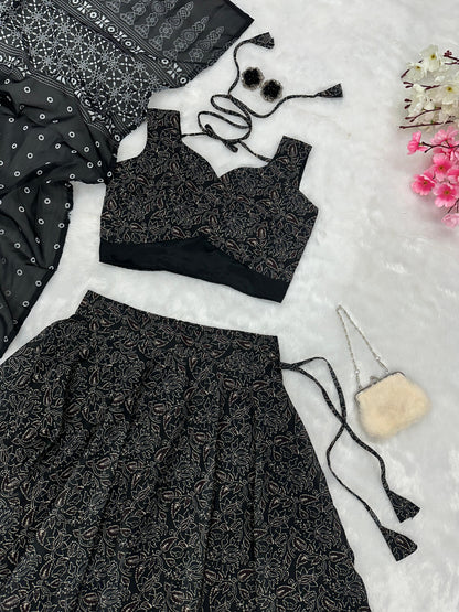 Mesmerizing Black Color Pure Soft Cotton Printed With Handwork Real Mirror Lace Lehenga Choli