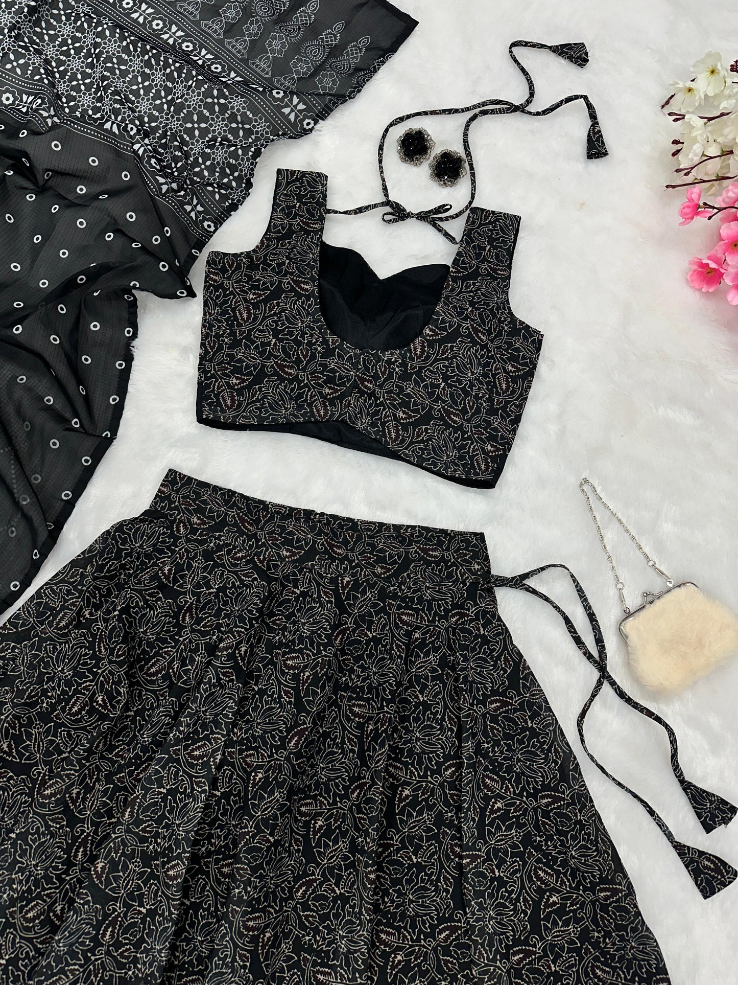 Mesmerizing Black Color Pure Soft Cotton Printed With Handwork Real Mirror Lace Lehenga Choli