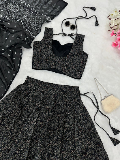 Mesmerizing Black Color Pure Soft Cotton Printed With Handwork Real Mirror Lace Lehenga Choli