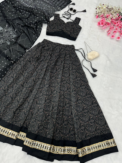 Mesmerizing Black Color Pure Soft Cotton Printed With Handwork Real Mirror Lace Lehenga Choli