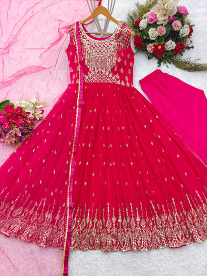 Wedding Wear Pink Color Georgette With Heavy Embroidery Sequence Work Gown