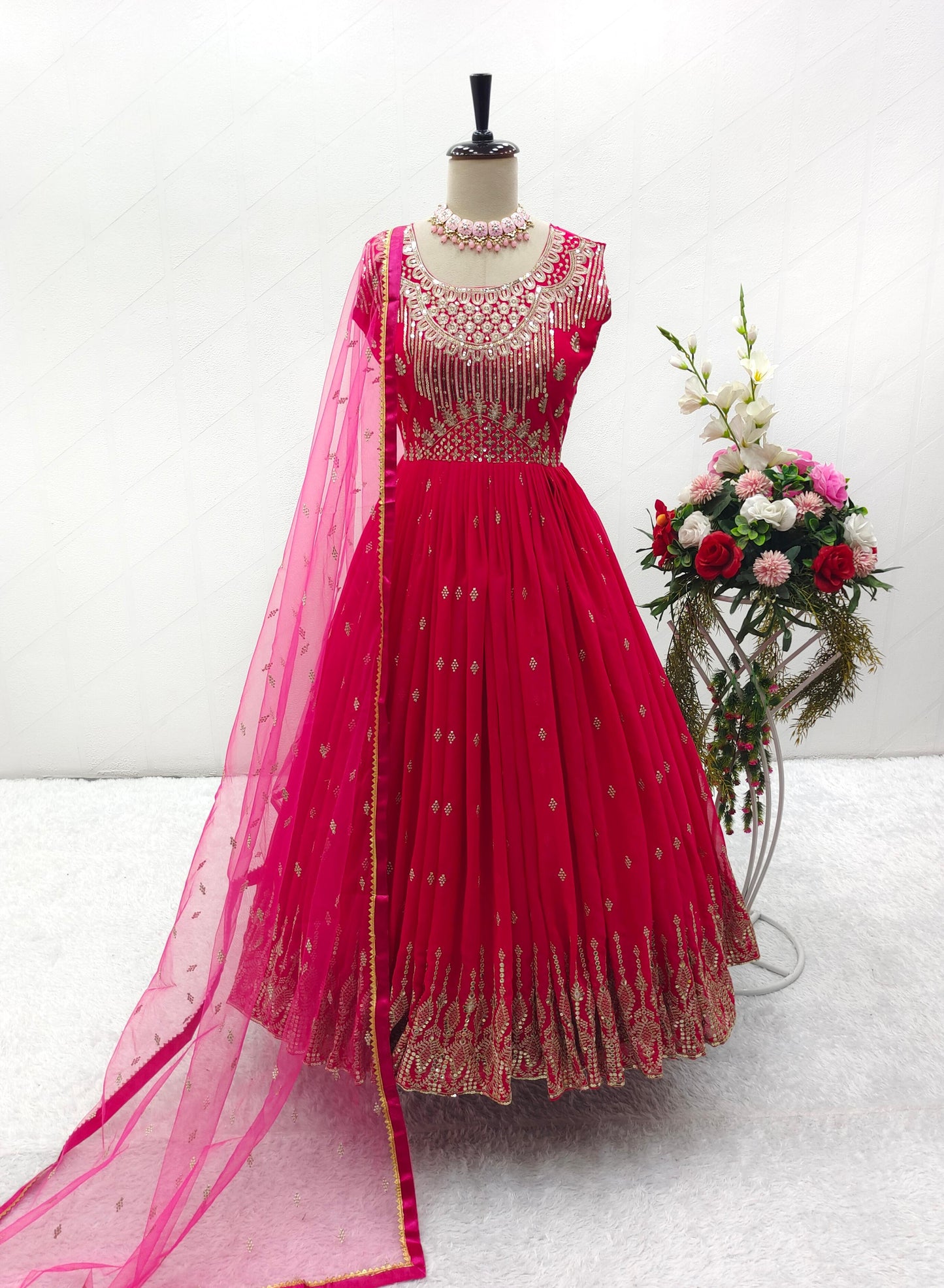 Wedding Wear Pink Color Georgette With Heavy Embroidery Sequence Work Gown