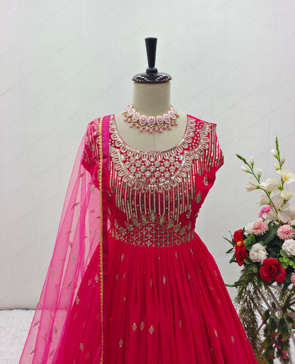 Wedding Wear Pink Color Georgette With Heavy Embroidery Sequence Work Gown