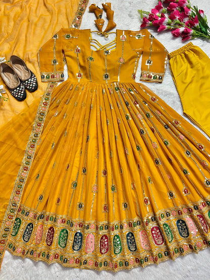 Fancy Multi Embroidery Work Yellow Georgette Anarkali Gown