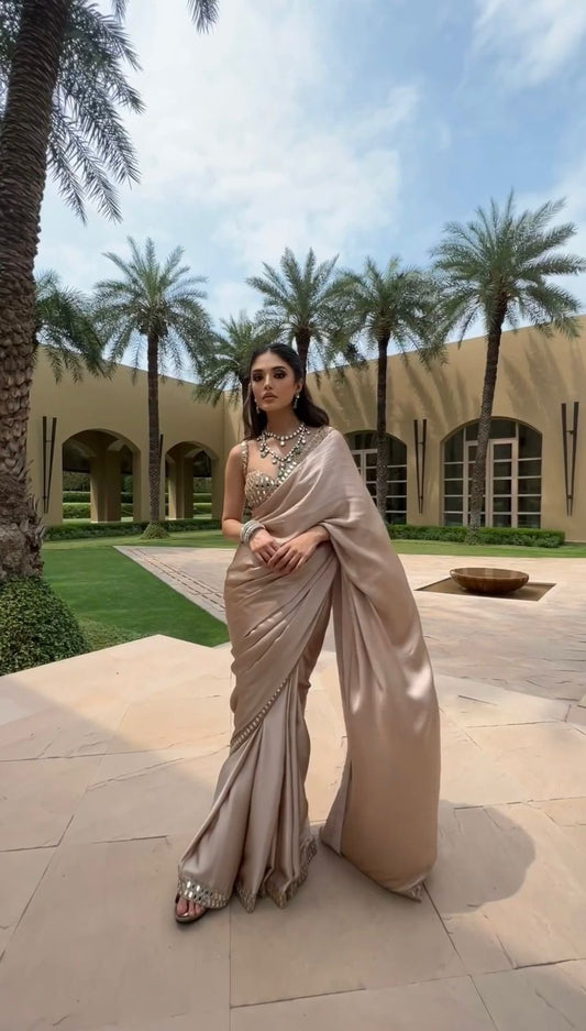 Designer Heavy Lace Border Work Beige Color Satin Silk Saree