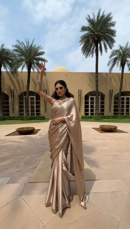 Designer Heavy Lace Border Work Beige Color Satin Silk Saree