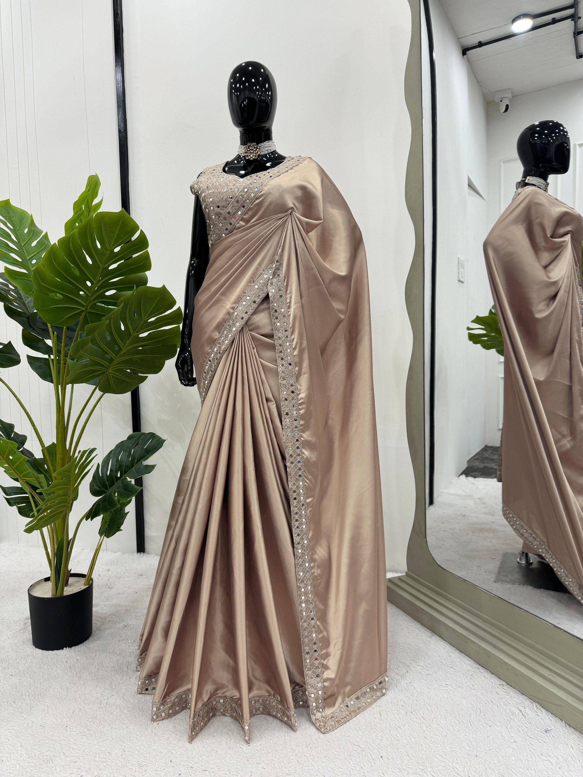 Designer Heavy Lace Border Work Beige Color Satin Silk Saree