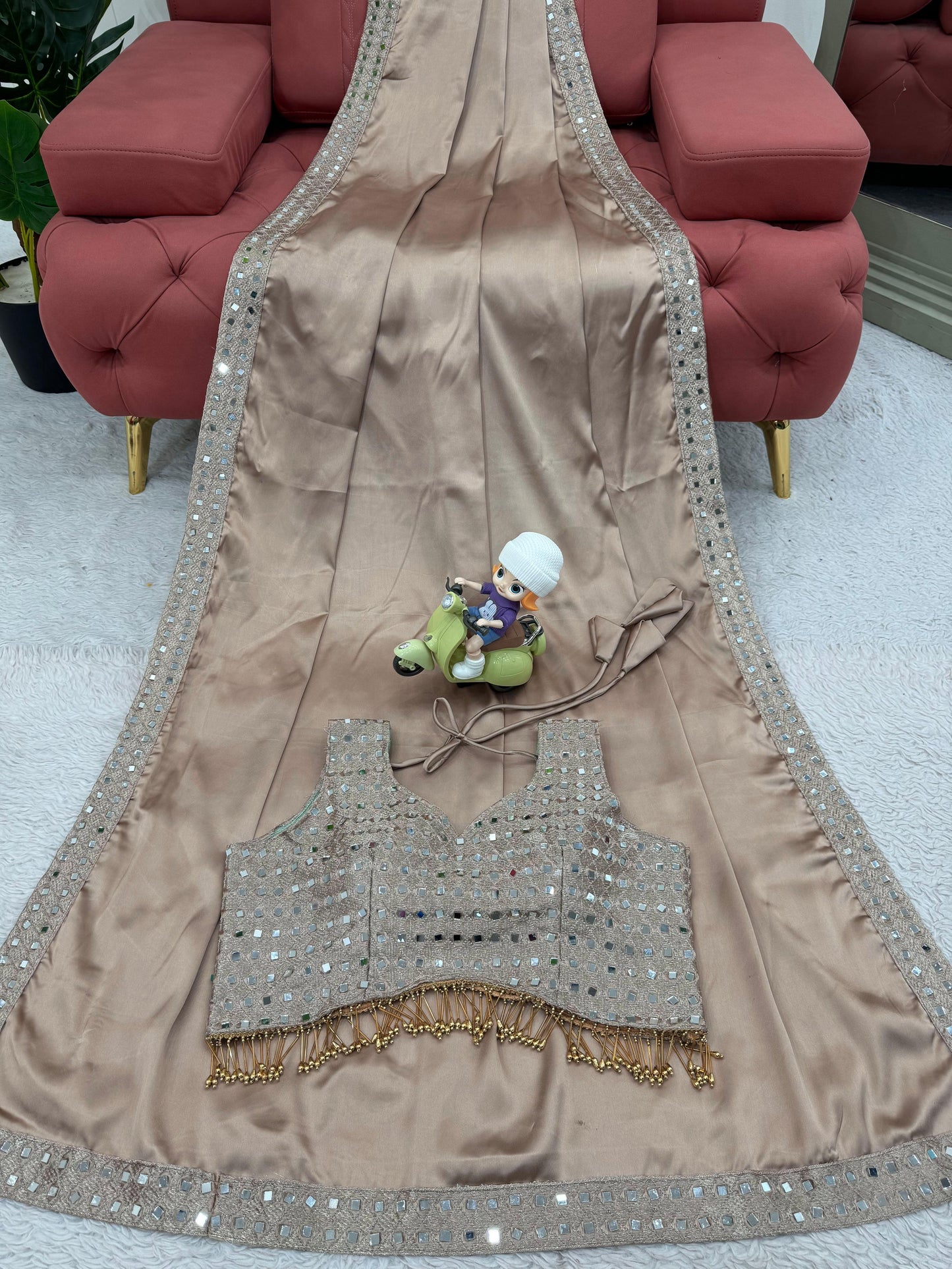 Designer Heavy Lace Border Work Beige Color Satin Silk Saree