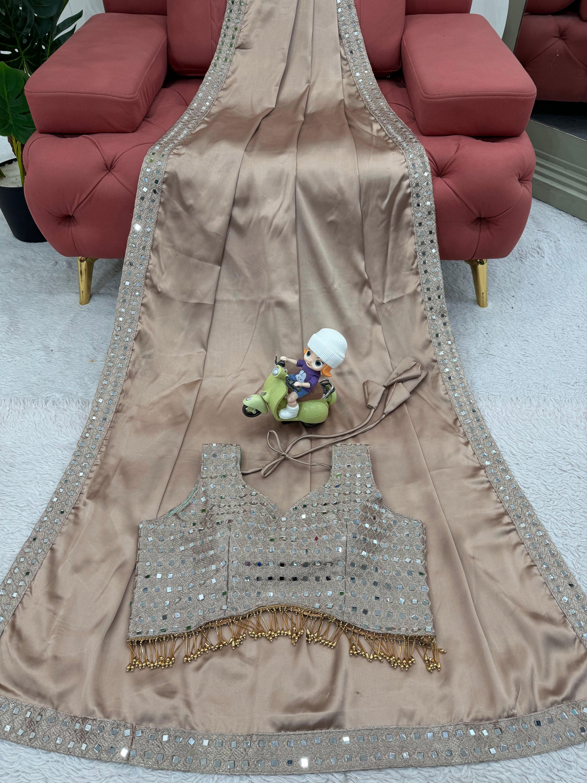 Designer Heavy Lace Border Work Beige Color Satin Silk Saree