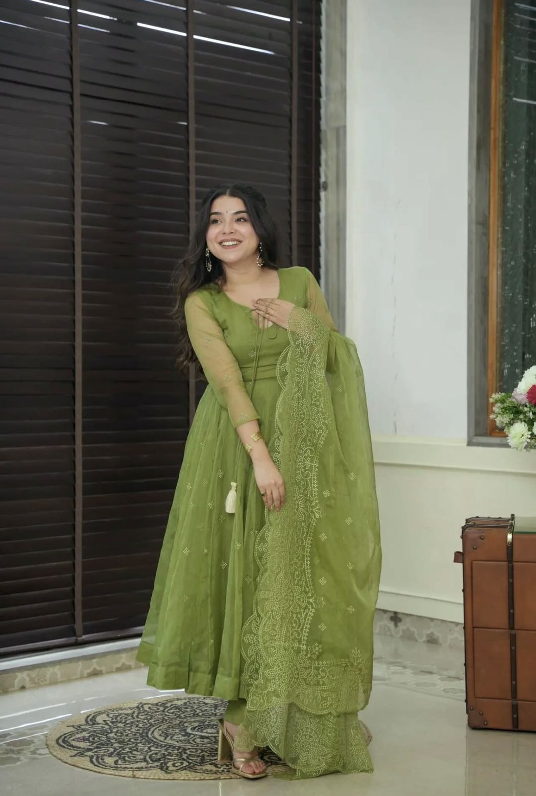 Party Wear Green Color Heavy Faux Georgette With Embroidery Work Designer Gown With Pent
