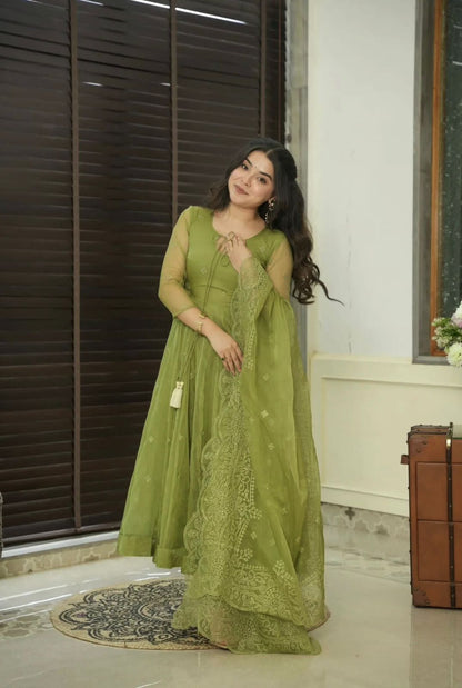 Party Wear Green Color Heavy Faux Georgette With Embroidery Work Designer Gown With Pent