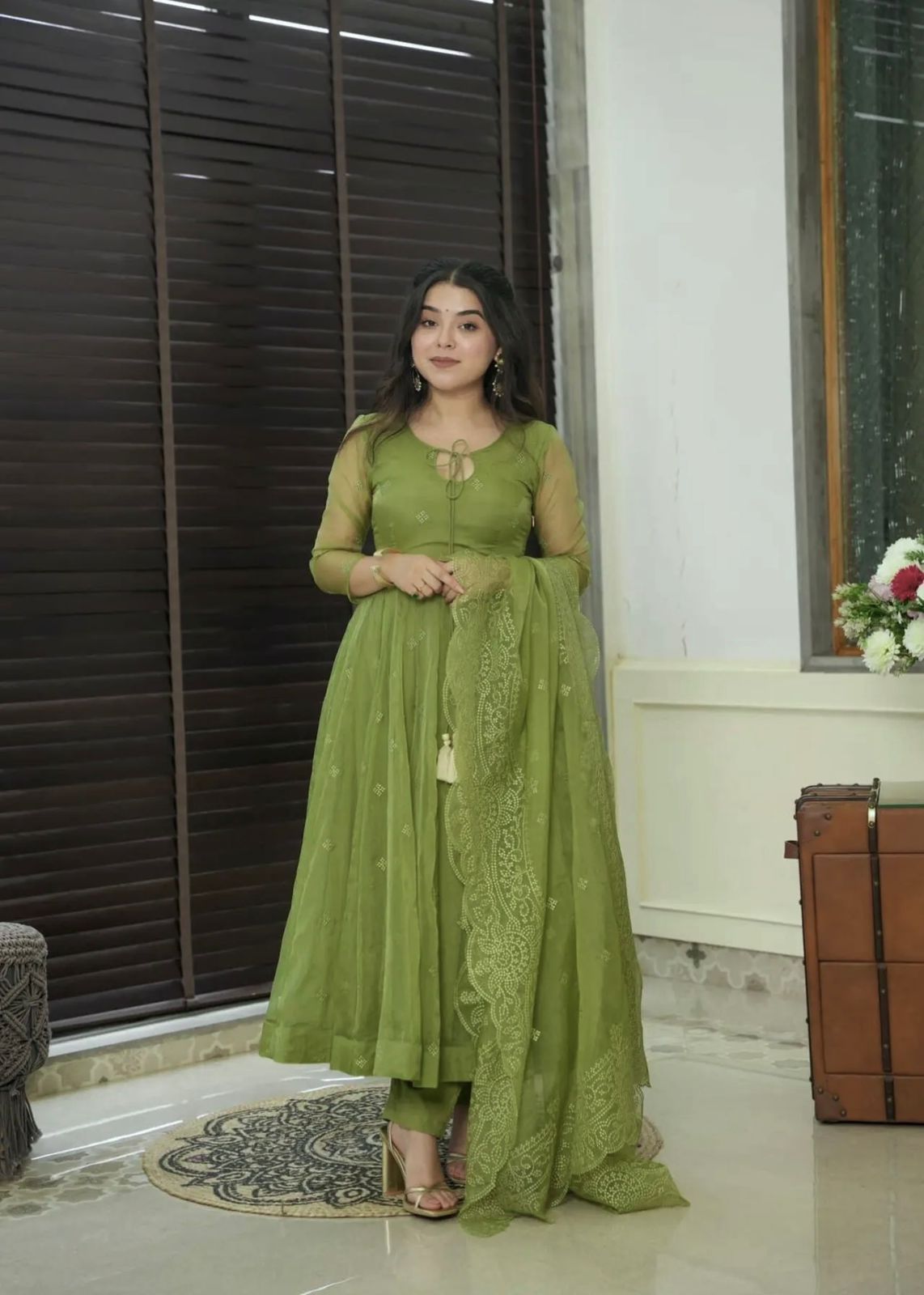 Party Wear Green Color Heavy Faux Georgette With Embroidery Work Designer Gown With Pent