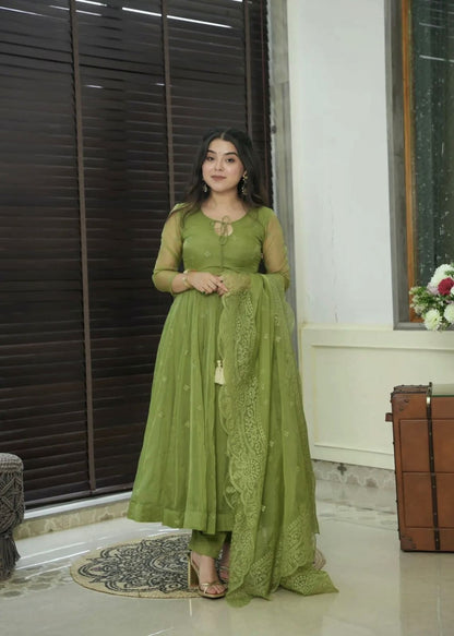 Party Wear Green Color Heavy Faux Georgette With Embroidery Work Designer Gown With Pent