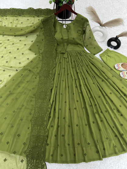 Party Wear Green Color Heavy Faux Georgette With Embroidery Work Designer Gown With Pent