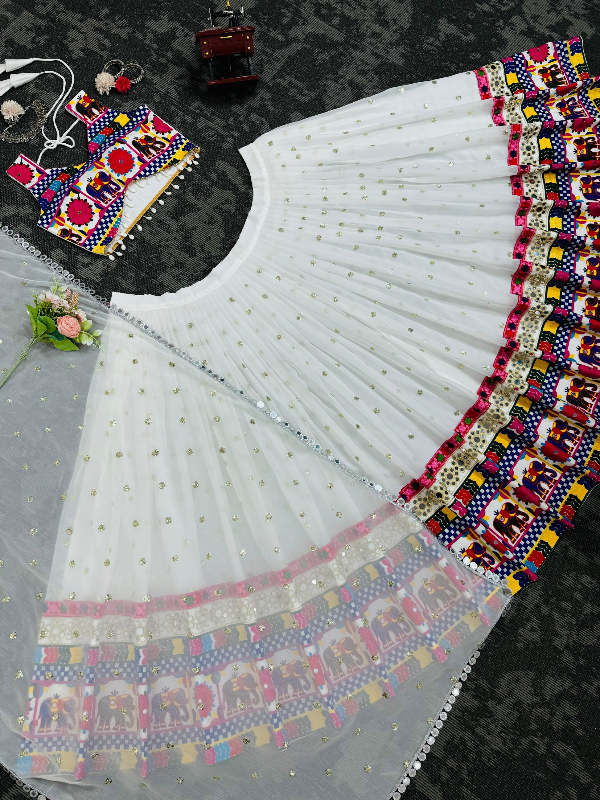 White Color Chain Stitch WIth Mirror Work Navratri Lehenga Choli