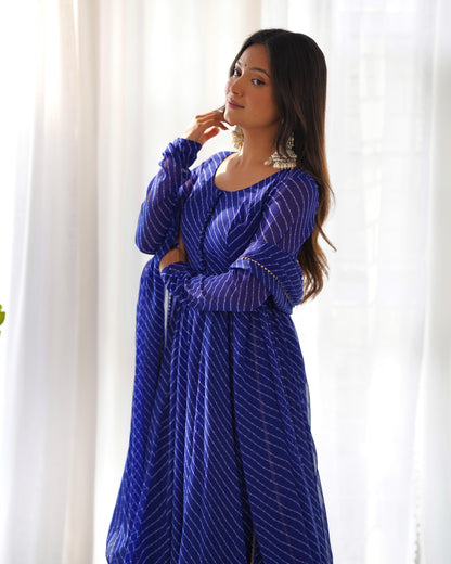 Royal Blue Color Heavy Pure Fox Georgette Laheriya Print Anarkali Gown