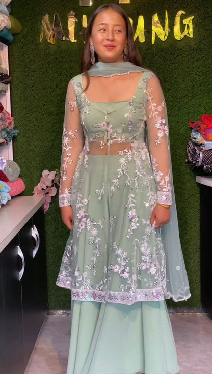 Glimmering Pista Color Soft Net  Embroidery Sequence Work Lehenga Choli With Koti
