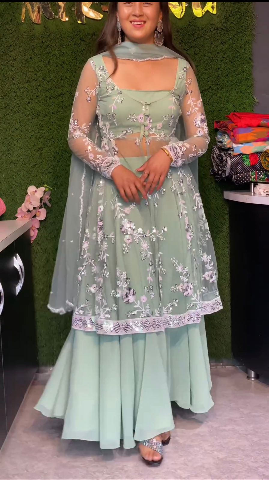 Glimmering Pista Color Soft Net  Embroidery Sequence Work Lehenga Choli With Koti